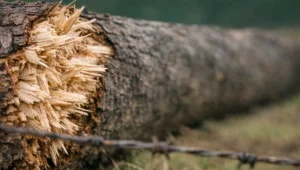 Tronco de árvore nativa partido por vendaval, com as fibras lascadas, atrás do arame farpado da cerca em pastagem rural