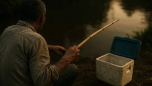Maos de pescador seguram vara de bambu sem anzol ao lado de caixa de isopor aberta e vazia na margem do rio ao fim da tarde