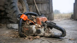 Motosserra apreendida e lacrada no piso de um galpão rural, o bem que continua retido depois de pagar a multa ambiental