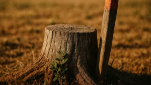 Toco antigo de arvore cortada, cinzento e com rebrota na base, ao lado de estaca de divisa alaranjada em pasto de propriedade rural