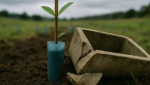 Muda nativa recem-plantada em tubete azul junto a bebedouro de concreto seco, efeito da liminar que exige PRAD em area rural.
