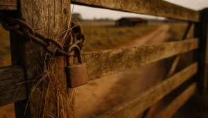 Porteira de propriedade rural fechada com corrente e cadeado enferrujados, capim seco crescido entre as ripas ao fim do dia