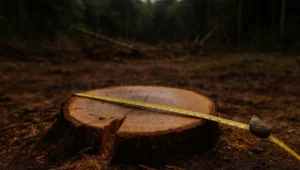 Toco de árvore recém-cortado em clareira de mata com trena amarela esticada sobre o corte, a prova material discutida no crime ambiental