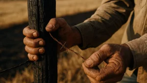 Maos de trabalhador rural segurando mourao de cerca queimado e arame rompido, com faixa de pasto queimado ao fundo desfocado