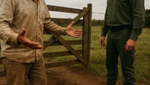 Produtor rural e agente de fiscalização ambiental frente a frente na porteira da propriedade, origem das 3 esferas de responsabilização