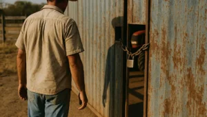 Produtor rural de costas diante de galpão trancado com corrente e cadeado depois de decisão administrativa sem motivação